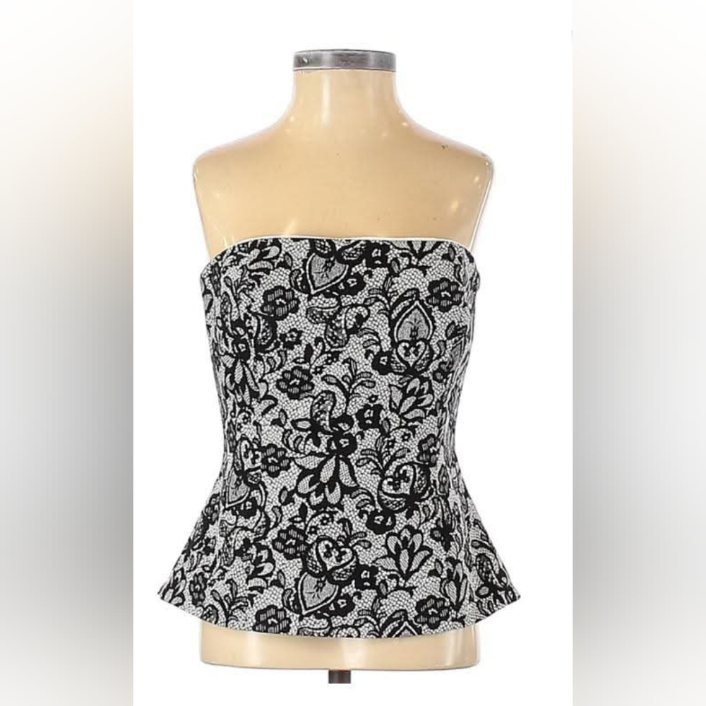 #52 White House Black Market Black and White Floral Strapless Top